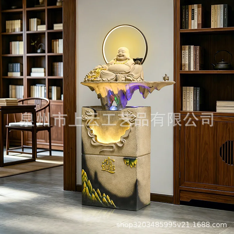 HYS Chinese Zen Maitreya Buddha Flowing Water Fountain Lucky Ornament Office Living Room Clubhouse Entrance Water View Home