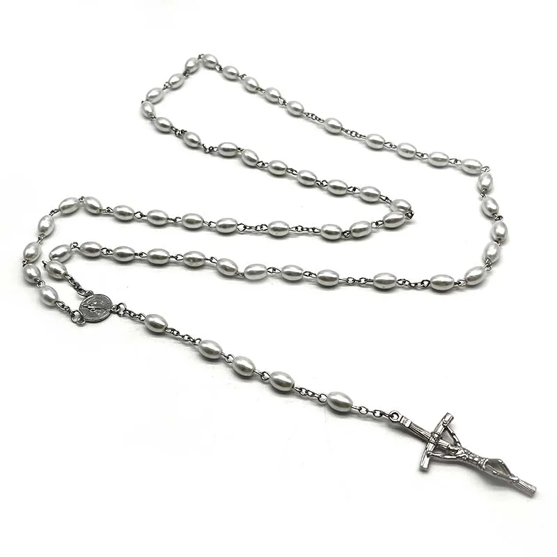 Religious  8*6  Oval  Glass  Pearl  Rosary  Beads  Curved  Needle  Cross  Necklace  Catholic And Can Be Given As Gift Can Prayer