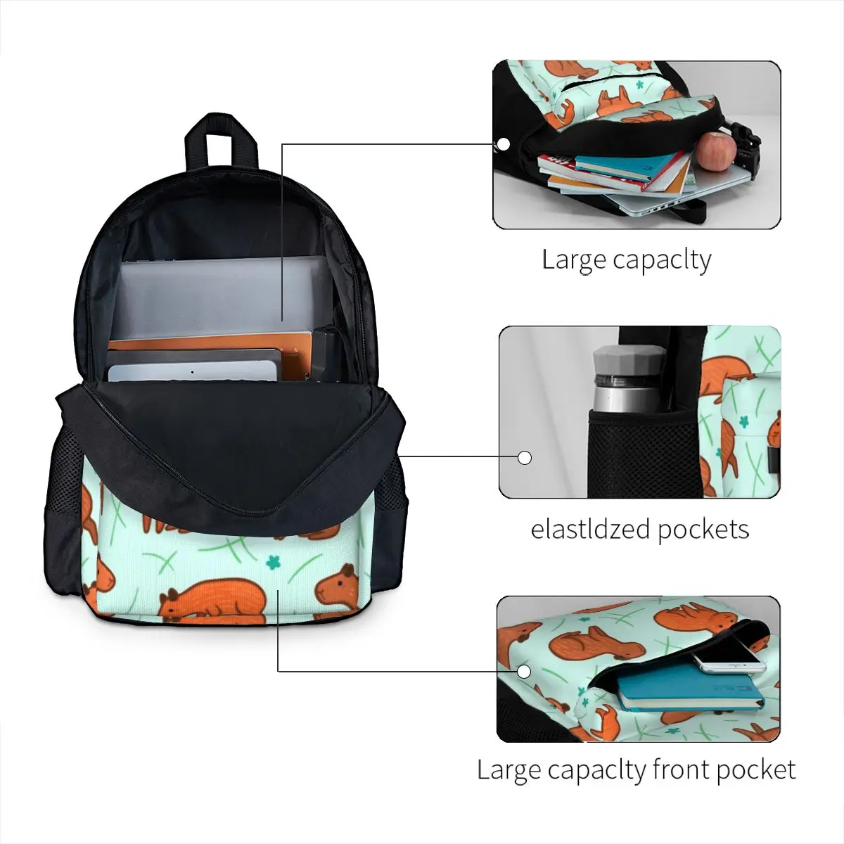 Mochilas capivara para meninos e meninas, mochilas escolares para estudantes, mochila dos desenhos animados, bolsa de ombro de viagem para crianças