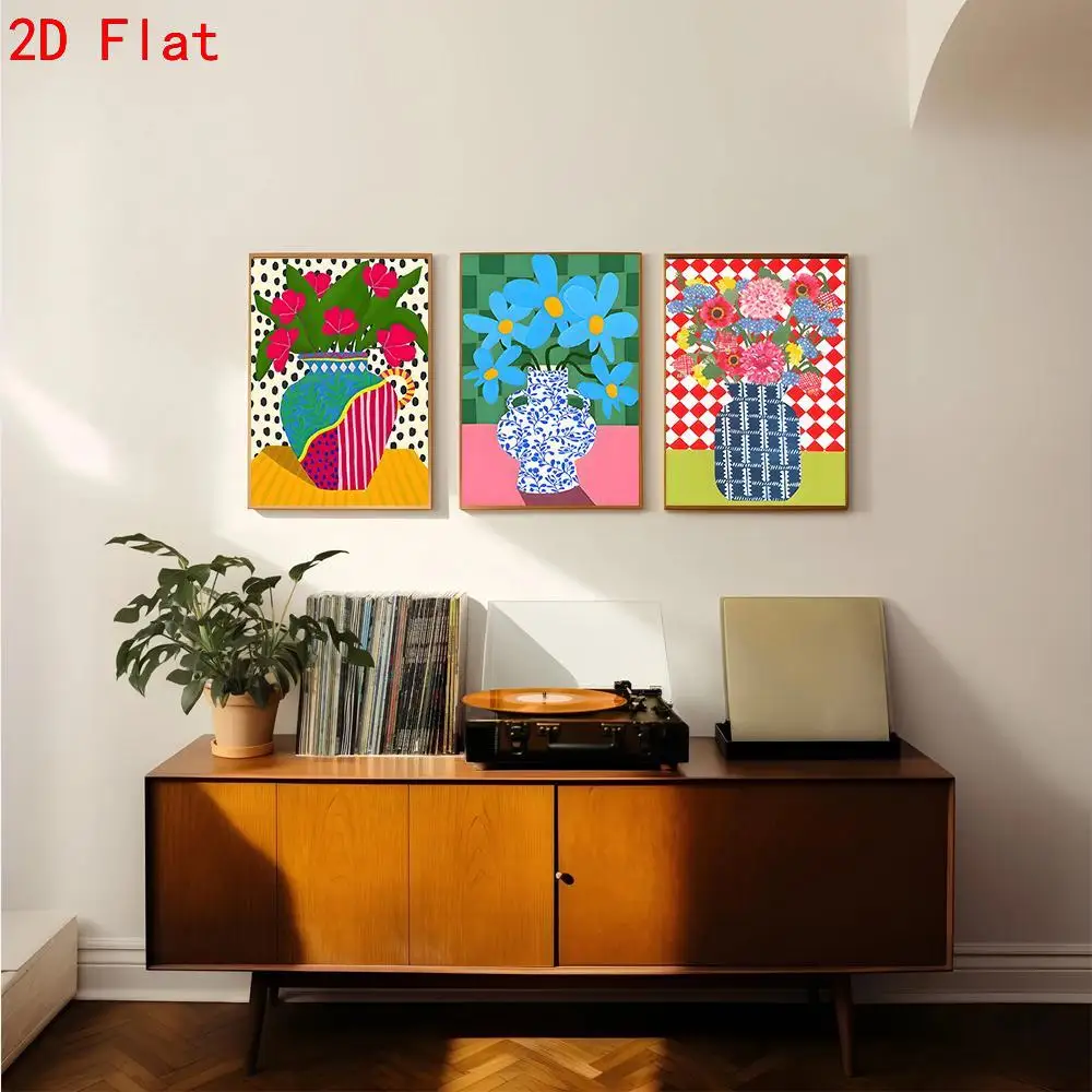 2D Flat, 2D Flat, Set of Three 2D Flat Wall Art Posters, Available Framed Or Unframed, Featuring Modern Abstract Floral Desig