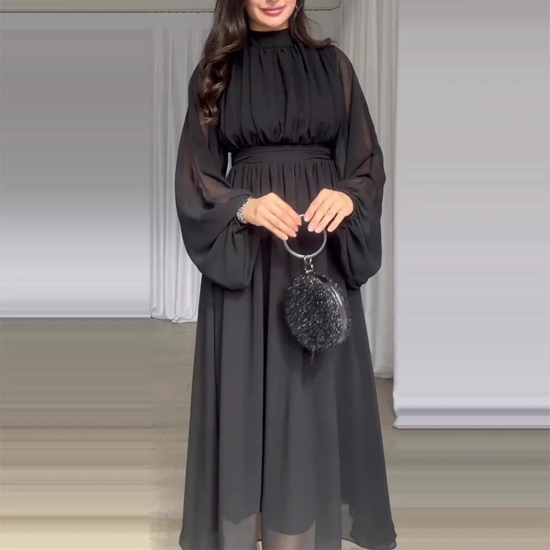 Autumn Women\'s Long Sleeve Solid Color Office Dress Fashion Lady O Neck Casual Maxi Dress 2024 Spring Female Party Chiffon Dress