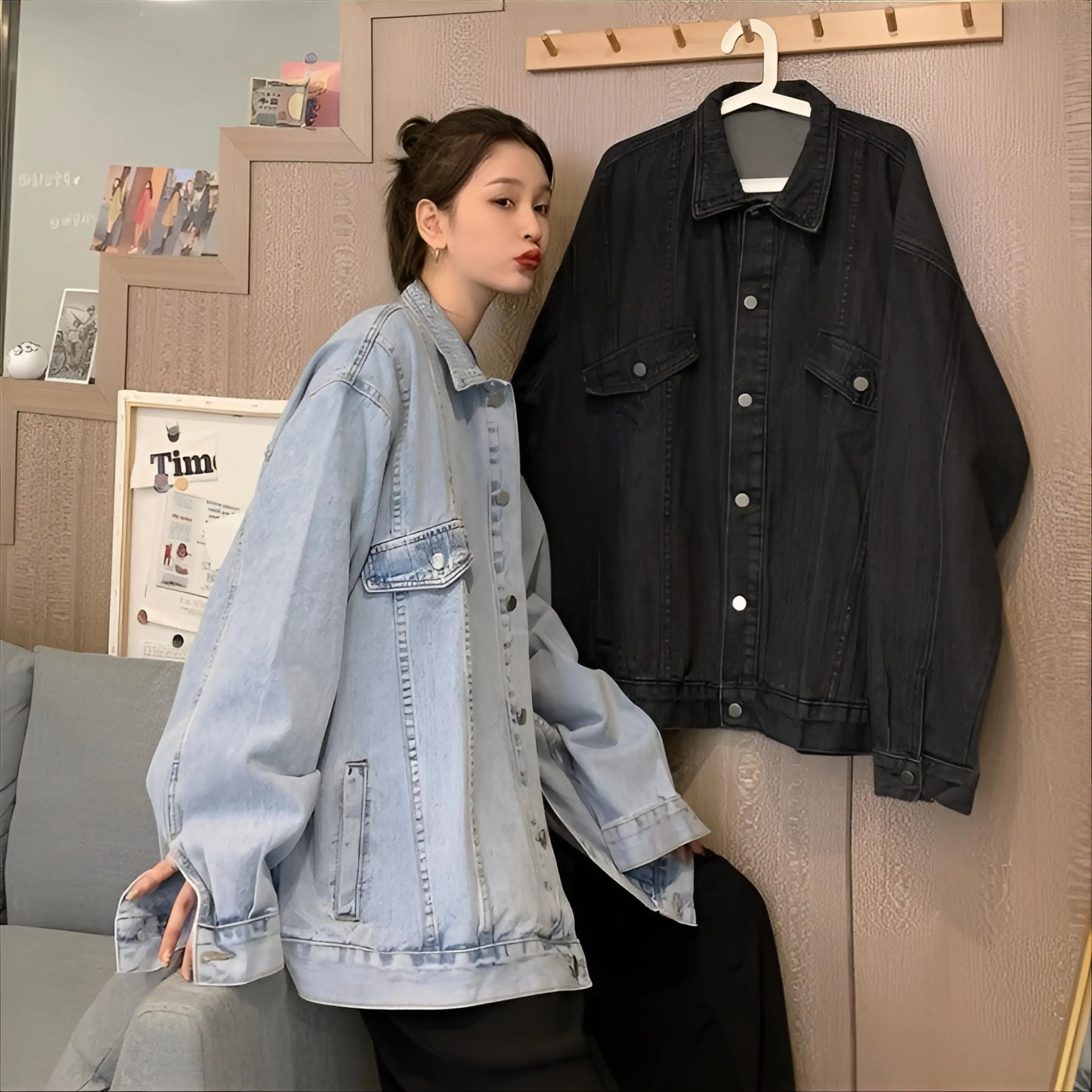 

Джинсовое пальто из натурального меха, женские осенние флисовые бомберы, мешковатые велосипедные куртки средней длины в британском стиле, хипстерские куртки с расклешенным воротником BF