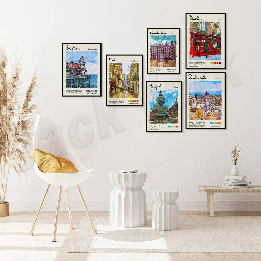 Bangkok, Blackpool, Belfast, Dubai, Tokyo, Brighton, Amsterdam, Dubrovnik, Dublin, Helsinki, Manchester watercolor travel poster