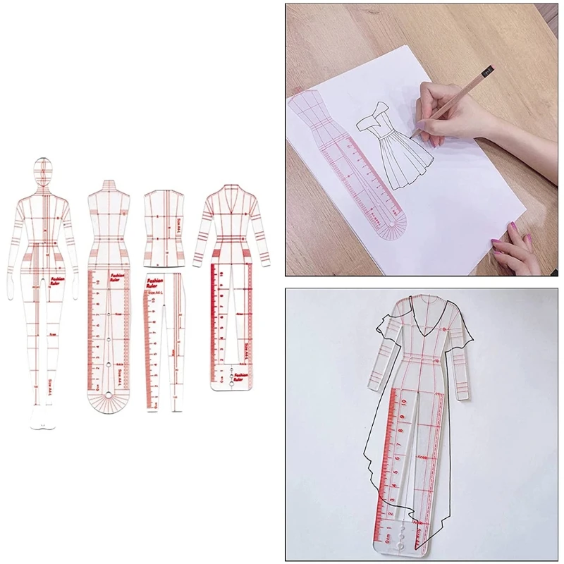 4 Models Human Pattern Template Ruler Clothing Measuring French Curve Rulers Essential Sewing Ruler for Beginner Tailor