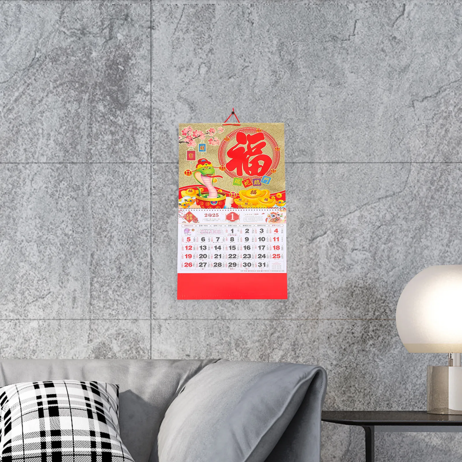 

2025 Snake Year Wall Calendar Chinese Theme Hanging Calendar Sturdy Monthly Planner Vibrant Colors Easy Hang Rope Decorative