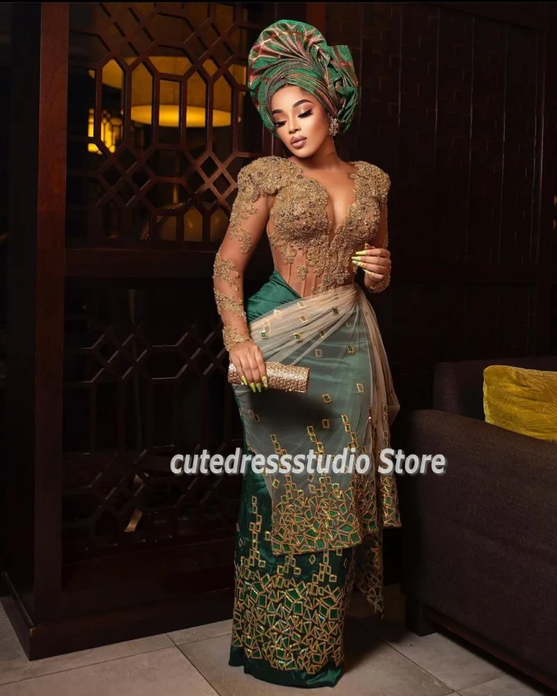 Chic Nigerian Evening Dresses Long Sleeves Lace Applique African Mermaid Porm Gowns For Women Wedding Party Dress Customized