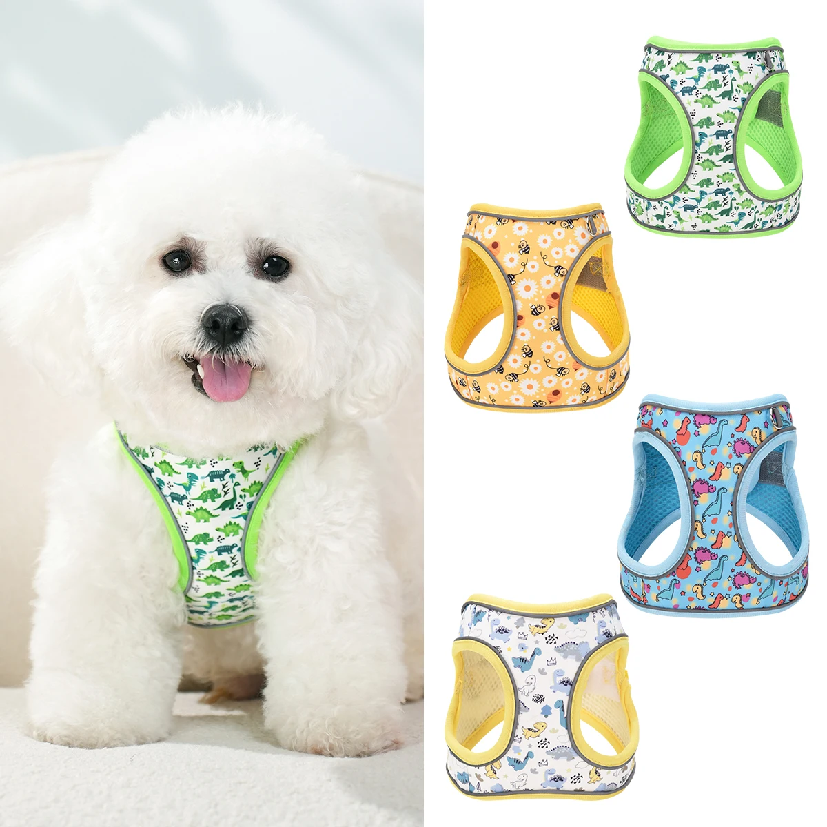 HP407: arnés para perros y gatos con estampado de abeja/dinosaurio, con correa para perros de 1,5 metros, tela de sarga suave y tira reflectante nocturna.