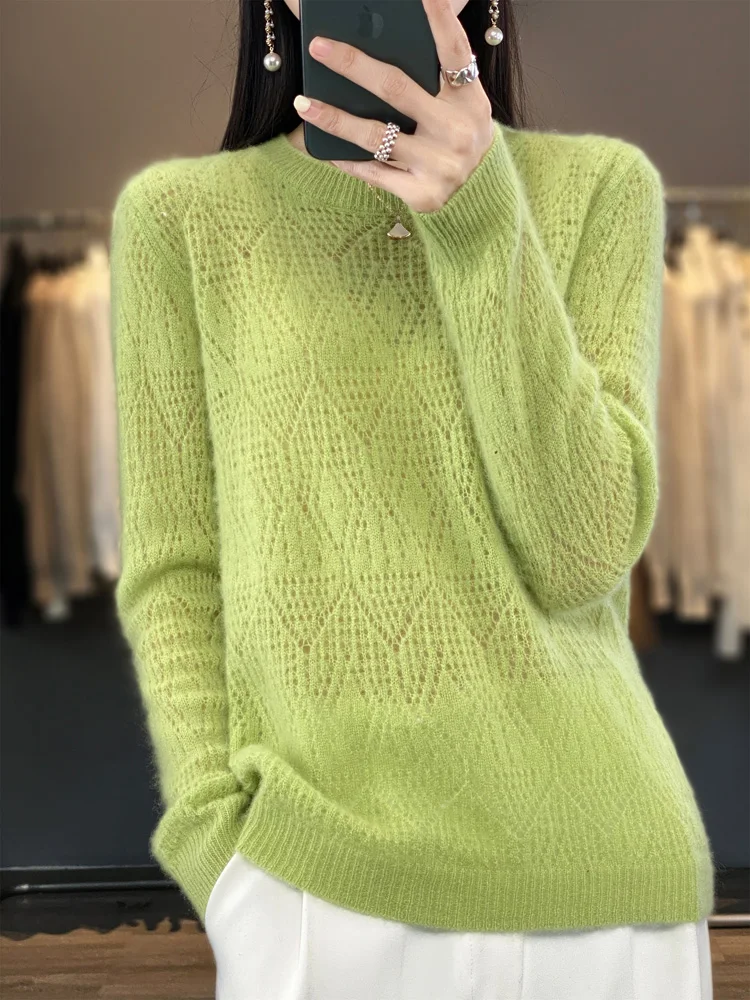 2024 New Design Spring Hollow Out Knitwear Meirno Wool Sweater Women Cashmere Sweater O-Neck Knitted Clothing Top