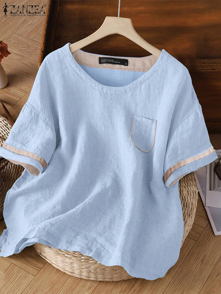 

ZANZEA Day Wear Gingham Blusas Mujer Fashion Short Sleeve Commute O-Neck T-Shirts Woman 2025 Summer Contrast-Piping Blouses
