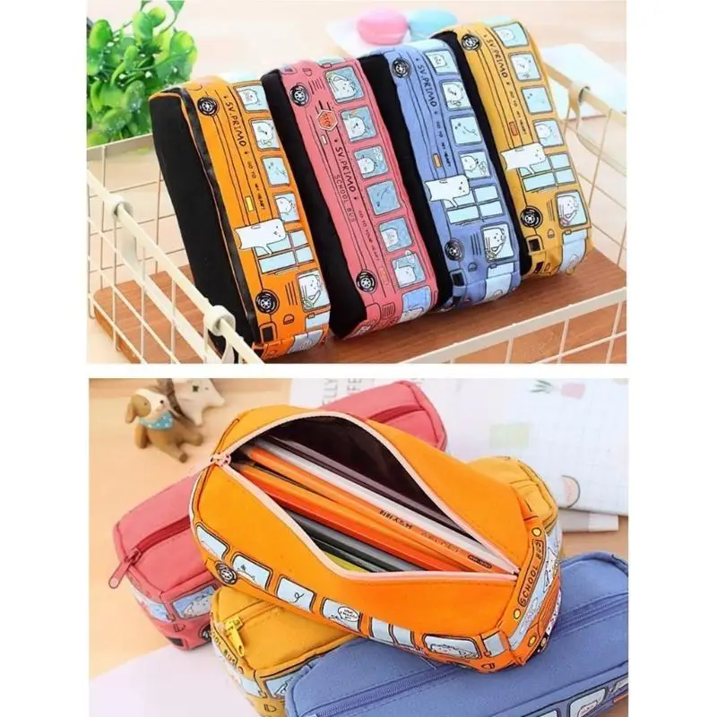 

Cartoon Bus Shaped Pencil Case Canvas Pen Bag Big Capacity Zippered Pen Pouches