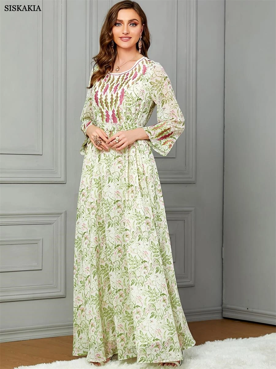 Siskakia Printing Diamonds Floral Emboridery Chiffon Long Sleeve Belted Dress Elegant Daily Party Moroccan Turkish Gulf Clothing