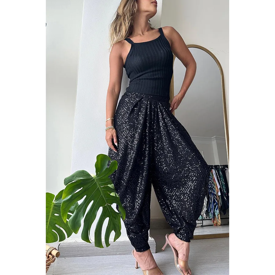 Summer Casual Loose Sequin Lantern Pants Women Fashionable High Waisted Elastic Pockets Sequin Harlan Pants Women