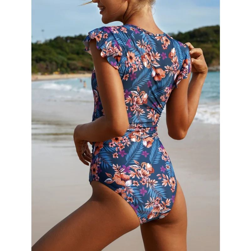 New One-Piece Swimsuit Summer Conservative Pure Color Ruffles Half Pack Beach Women Zipper Bathing Vintage Beachwear Bikini