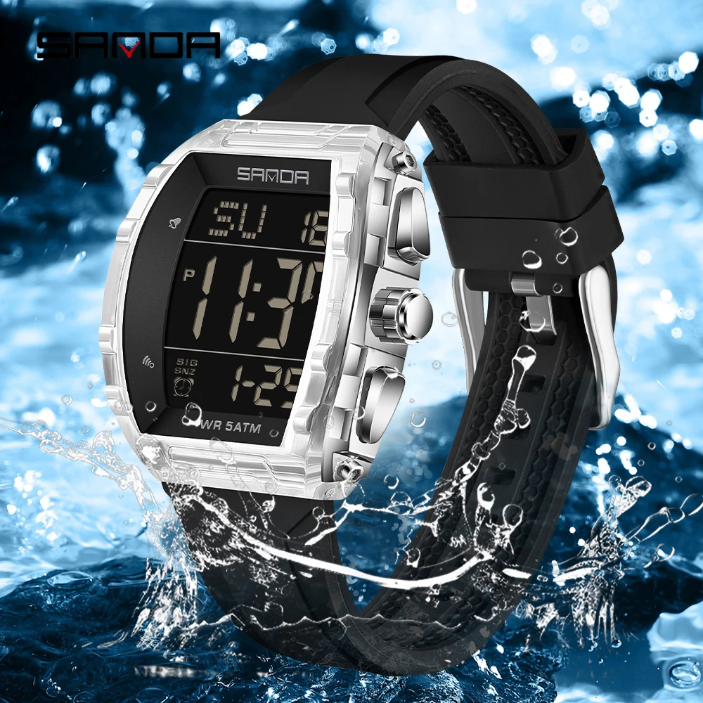SANDA 6286 waterproof alarm clock men brand's new electronic watch digital multifunctional fashion trend men's watch silicone