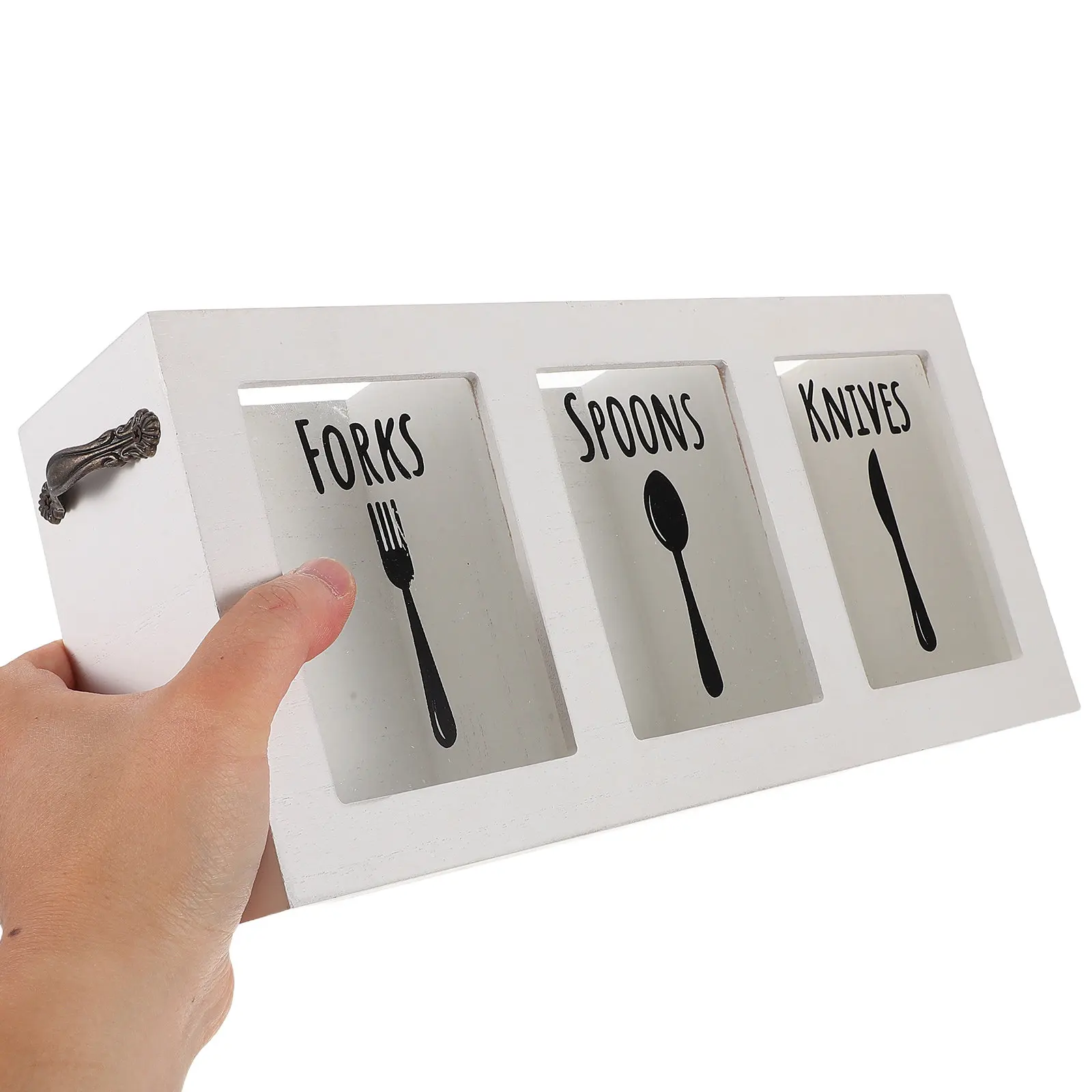 American Style Fork Knife Spoon Organizer Wooden Cutlery Storage Box 3 Compartments Countertop Silverware Holder