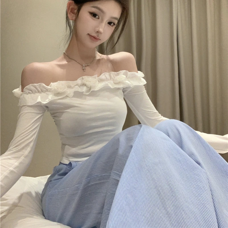 

2024 Spring/Summer New White Three Dimensional Flower Slash Collar Top for Women Spring Solid Color Simple Blouse for Women