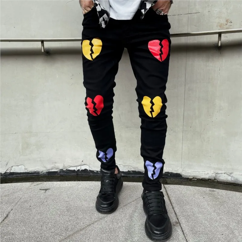 

Fashion Men's Digital Printing Straight Slim Stretch Jeans Men Casual Jeans Black Skinny Stretch Denim Pants Jogging Trousers