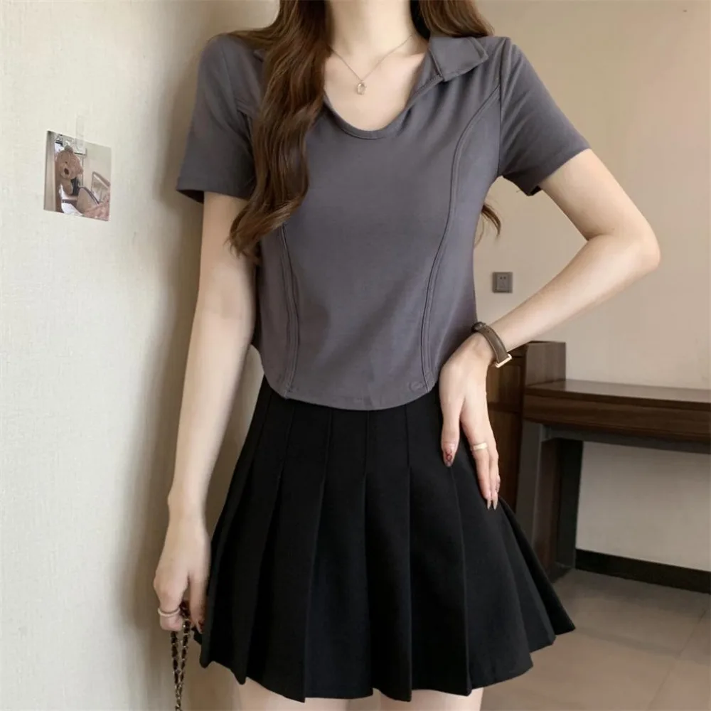 

Fashion V-neck Short Sleeve T Shirt Slim Fit Pullover Y2k Crop Tops Women Fish Bone Chic Polo Neck Blouses Summer