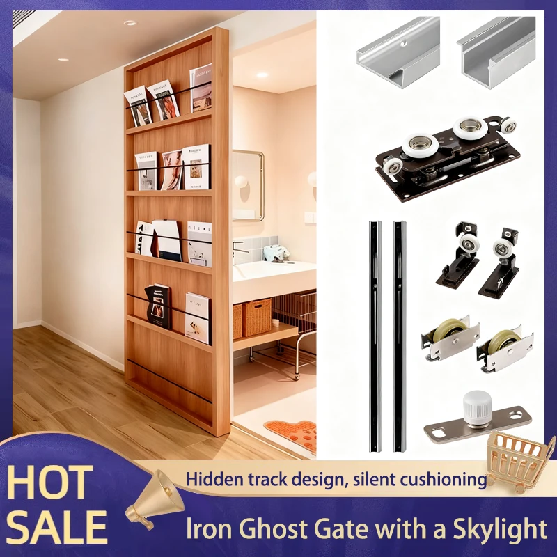 

JS Full Height Bathroom Sliding Door Hardware Trackless Ghost Door With Two-Way Buffer And Concealed Hanging Rail