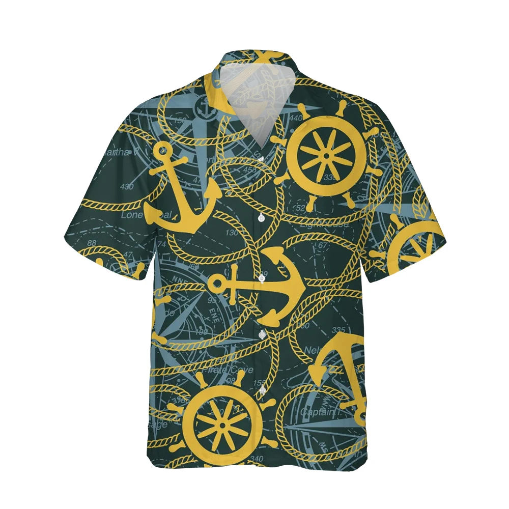 New 3d Marine Compass Printed Short Sleeve Hawaiian Vintage Shirt Men Summer Fashion Trend Nautical Street Style Loose Tops