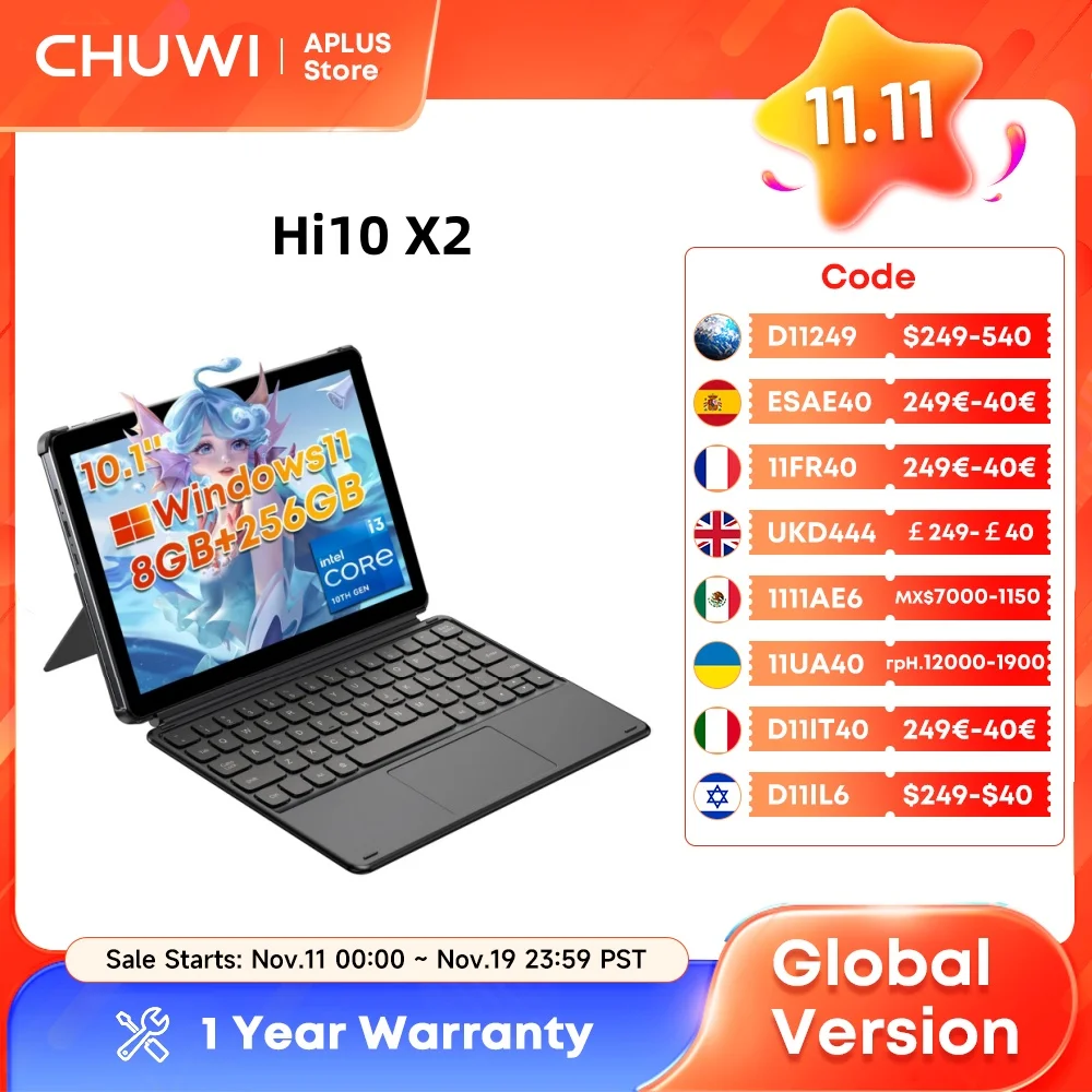 CHUWI Hi10 X2-tablets Dual-Core Intel 10e i3-10100Y 8 GB RAM 256 GB ROM Intel UHD Graphics 615 10,1 "Lcd-scherm 2 IN 1 tablet ﻿