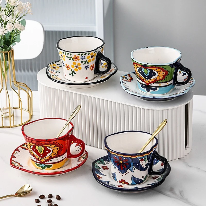 Turkish Coffee Cup and Saucer Set Colorful Flower Design European Retro Hanging Ear Creative Ceramic Cup Gift