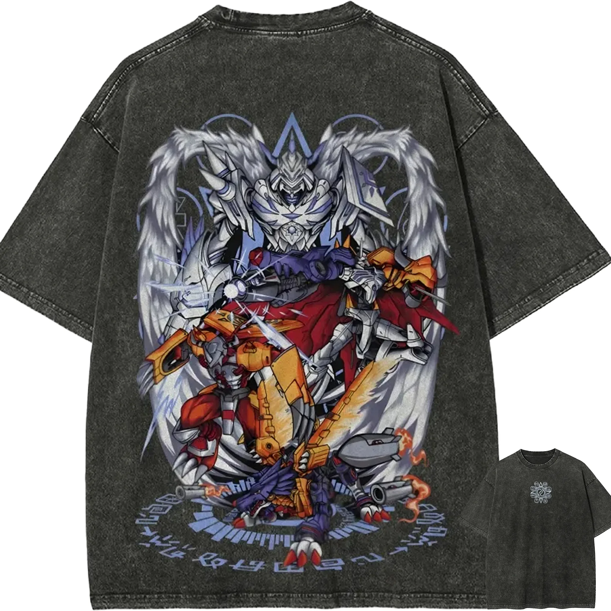 Omegamon T-Shirt Herren Digimon WarGreymon Vintage Acid Wash Streetwear Übergroßes Retro Japanisches Anime Grafik Baumwoll-T-Shirt