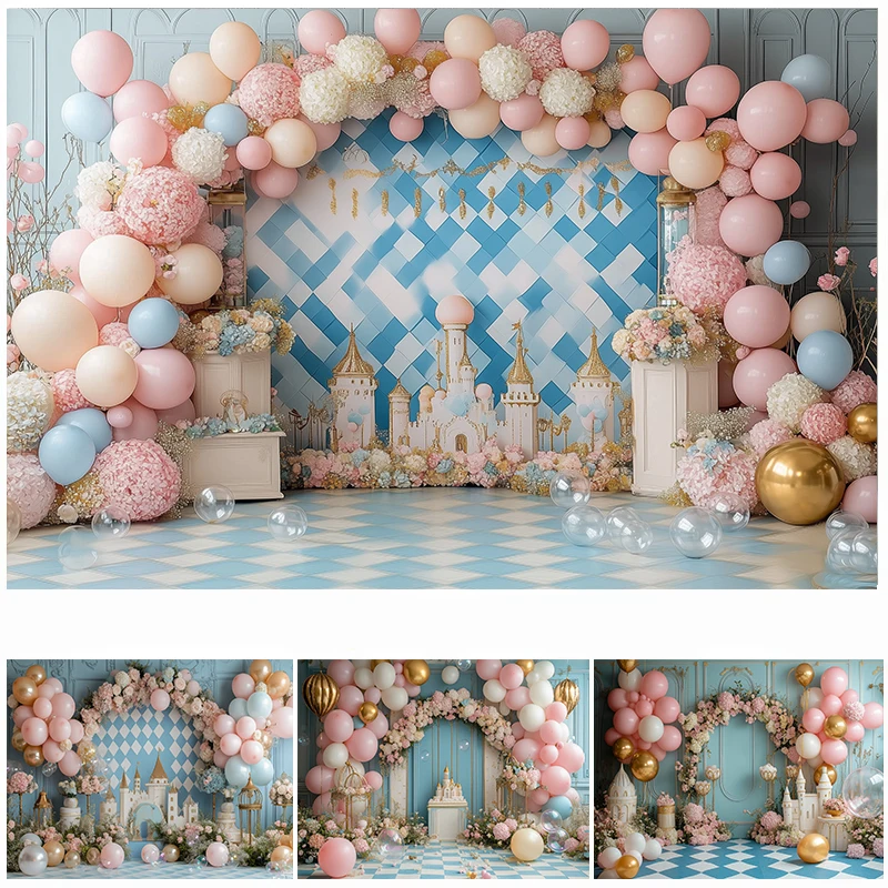 

LS Photography Background Indoor Arch Balloon Castle Floral Decoration Cake Smash Kids Birthday Party Photo Backdrop Studio