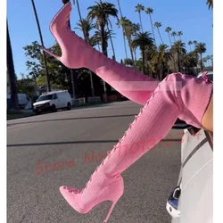 Stivali alti alla coscia in maglia a coste rosa donna stringati a punta Streetwear scarpe con tacco alto primavera calda stivali lunghi eleganti femminili