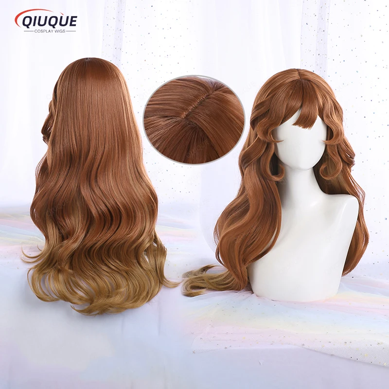 Cosplay Perucas Longas Encaracoladas para Menina, Castanho Avermelhado, Resistente ao Calor, Cabelo Sintético, Identidade do Jogo V, Peruca de Festa Eurydice, Boné