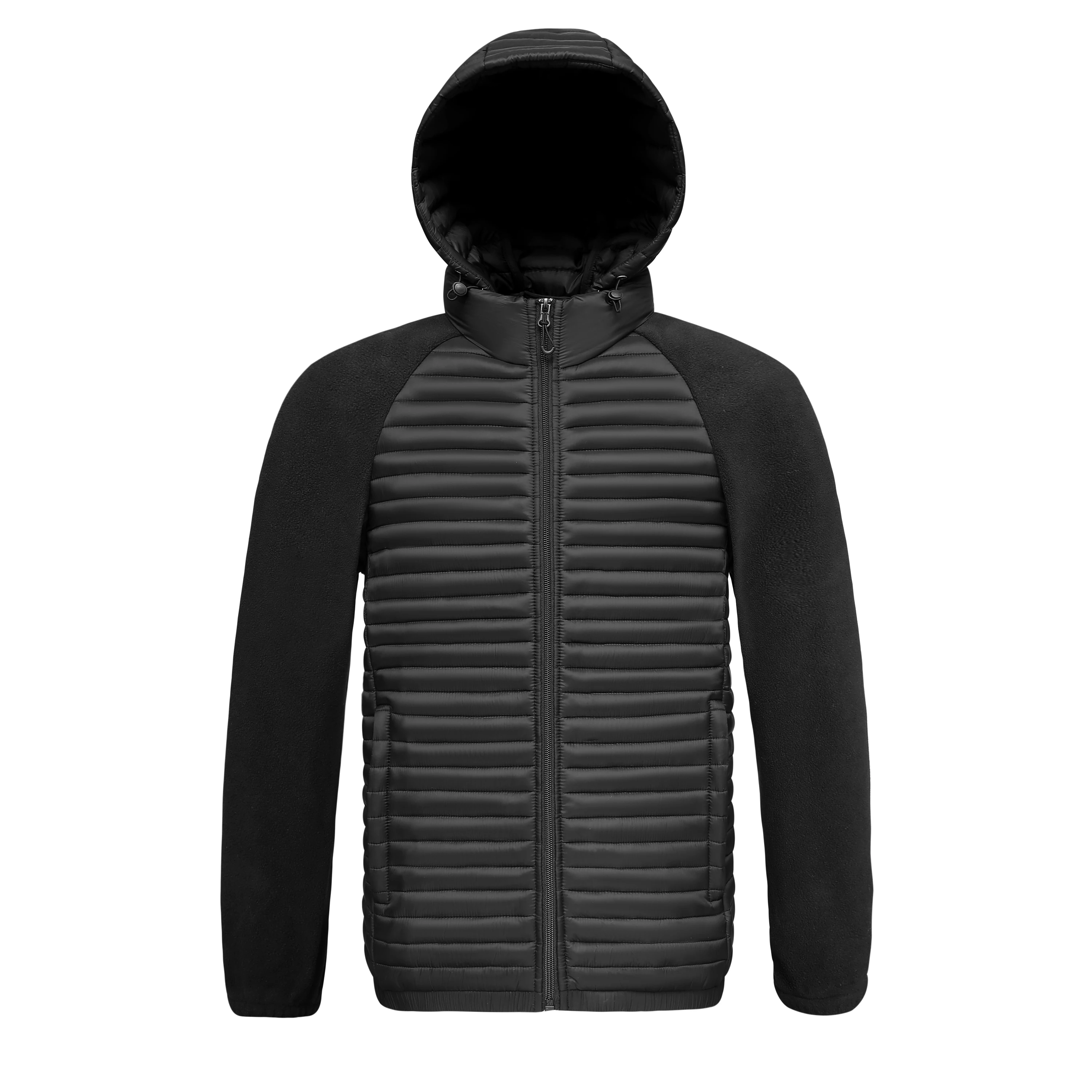 Men's Hooded Puffer Jacket Fleece Spliced Sleeve Vertical Quilted Padded Full Zip Coat Windproof Warm Outerwear for Autumn Winte