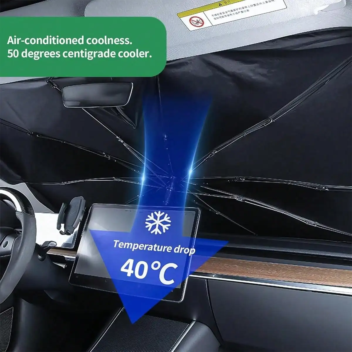 

2017-2026 Model 3 Windshield Sunshade Umbrell [Nano Ice Crystal Particle] Front Window Shade, Coating 100% Heat Protection Retractable Sunshades