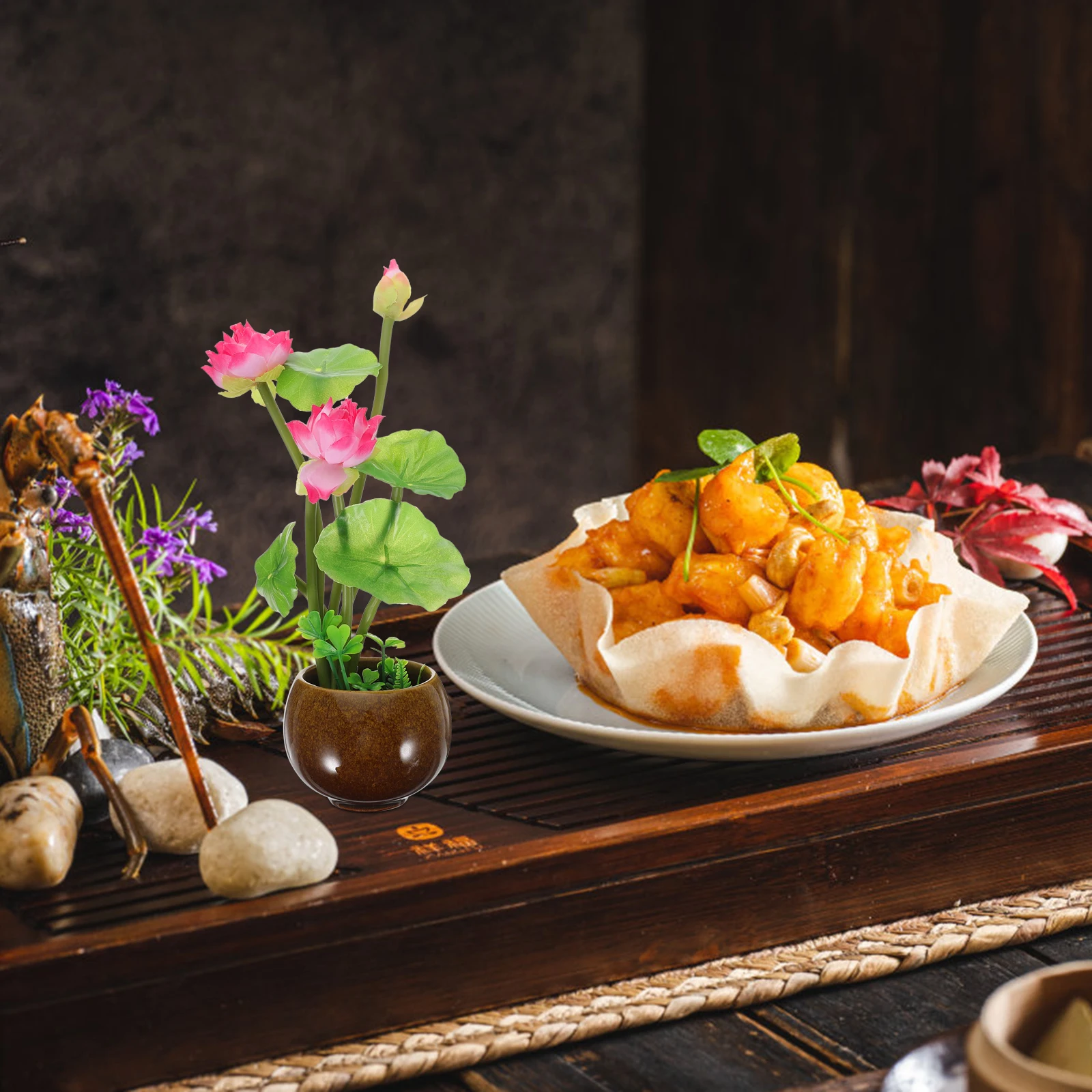 

Artificial Flower Sushi Plate Decoration Fake Potted Lotus Flower Ceramic PP Sushi Serving Plate Decoration Japanese Decor