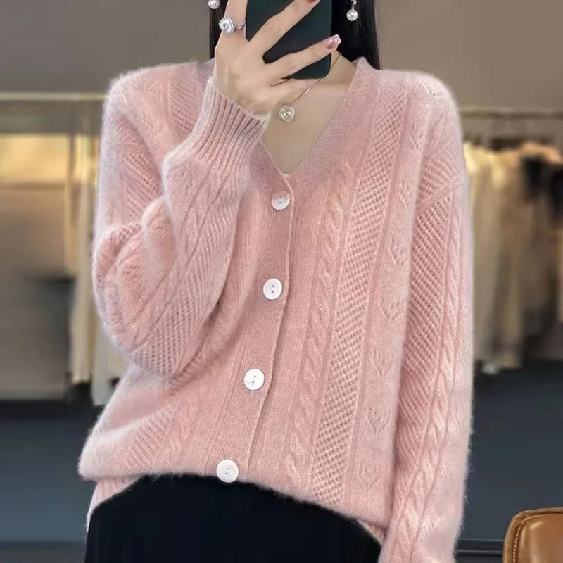 

2024 Women's V-neck Knitted Cardigan Autumn and Winter Loose Twist Outer Wear Soft Glutinous Long Sleeve Single-Breasted Sweater