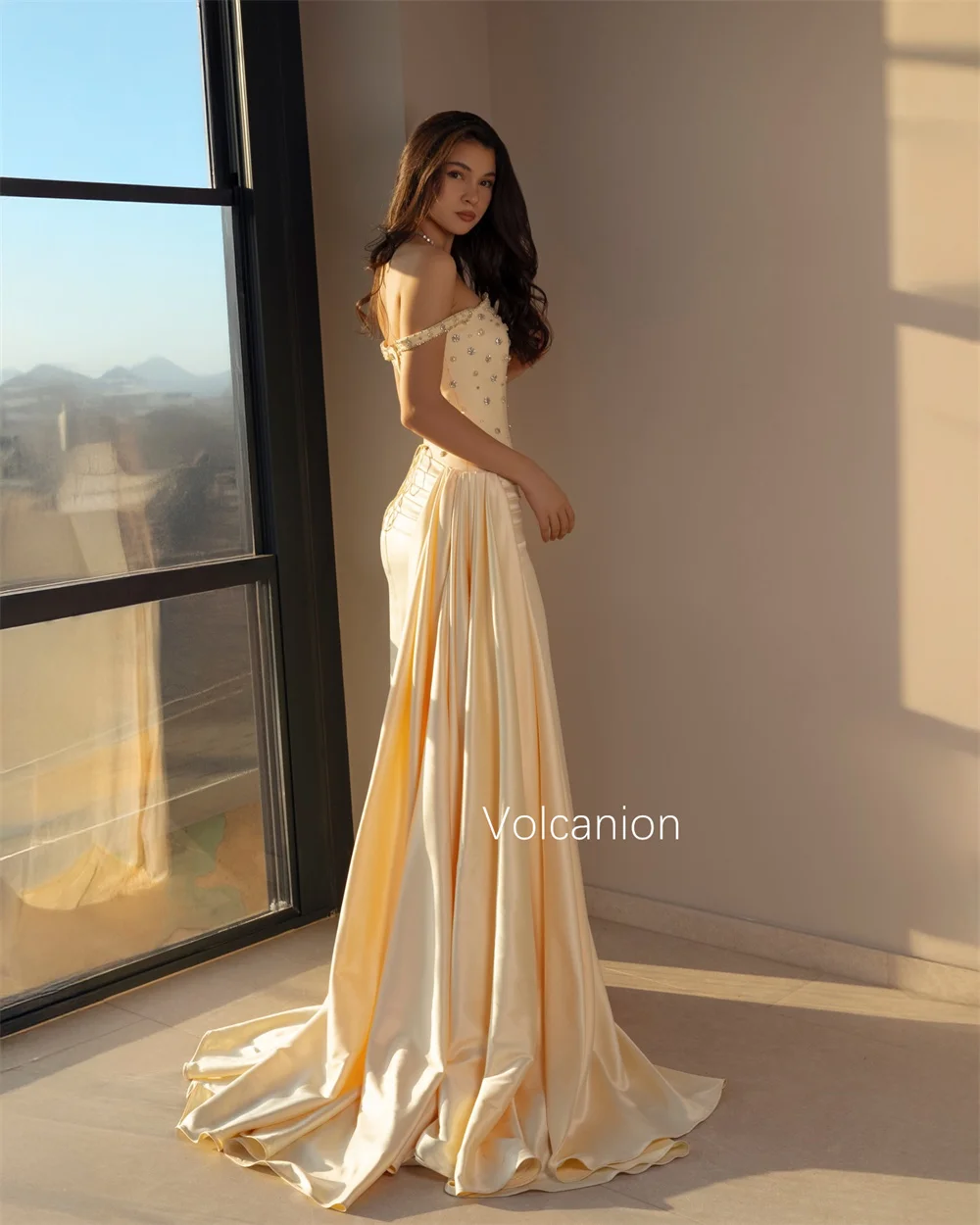 Customized Matching Charmeuse Pleat Sequined A-line Off-the-shoulder Long Bespoke Occasion Luxury Party Dresses Formal image 4