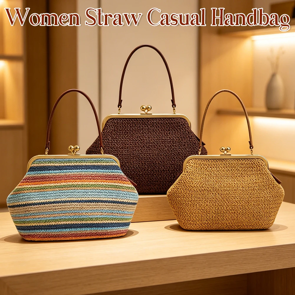 

Women's Summer Straw Handbag Vintage Gold Kiss Lock Shoulder Bag Large Capacity for Beach Vacation Daily Commute