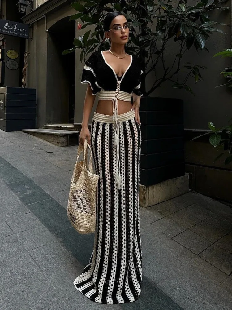 Summer Knitted Beach Skirt Sets Women Sexy Hollow Out Slim Bohemian Outfits Fashion Striped Holiday Two Piece Set 2024 Beachwear