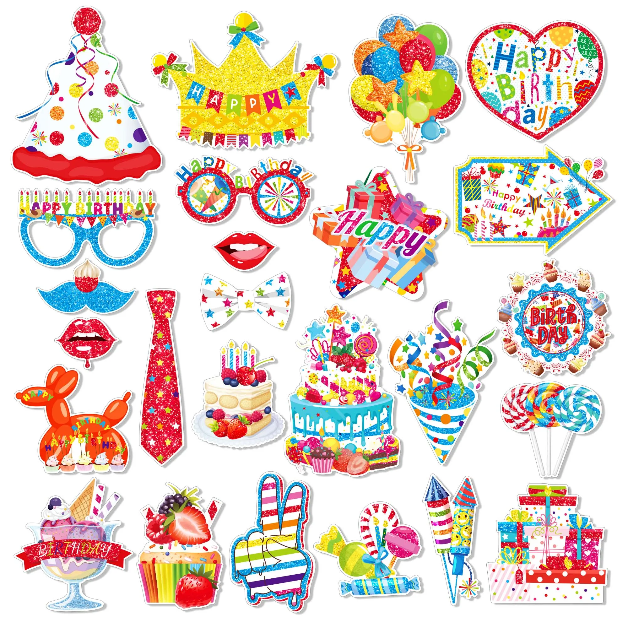 25 Stück Happy Birthday Photo Booth Requisiten Bunte Geburtstagsdekorationen Brille Lippen Hut DIY Fotoshooting Requisite Partyzubehör