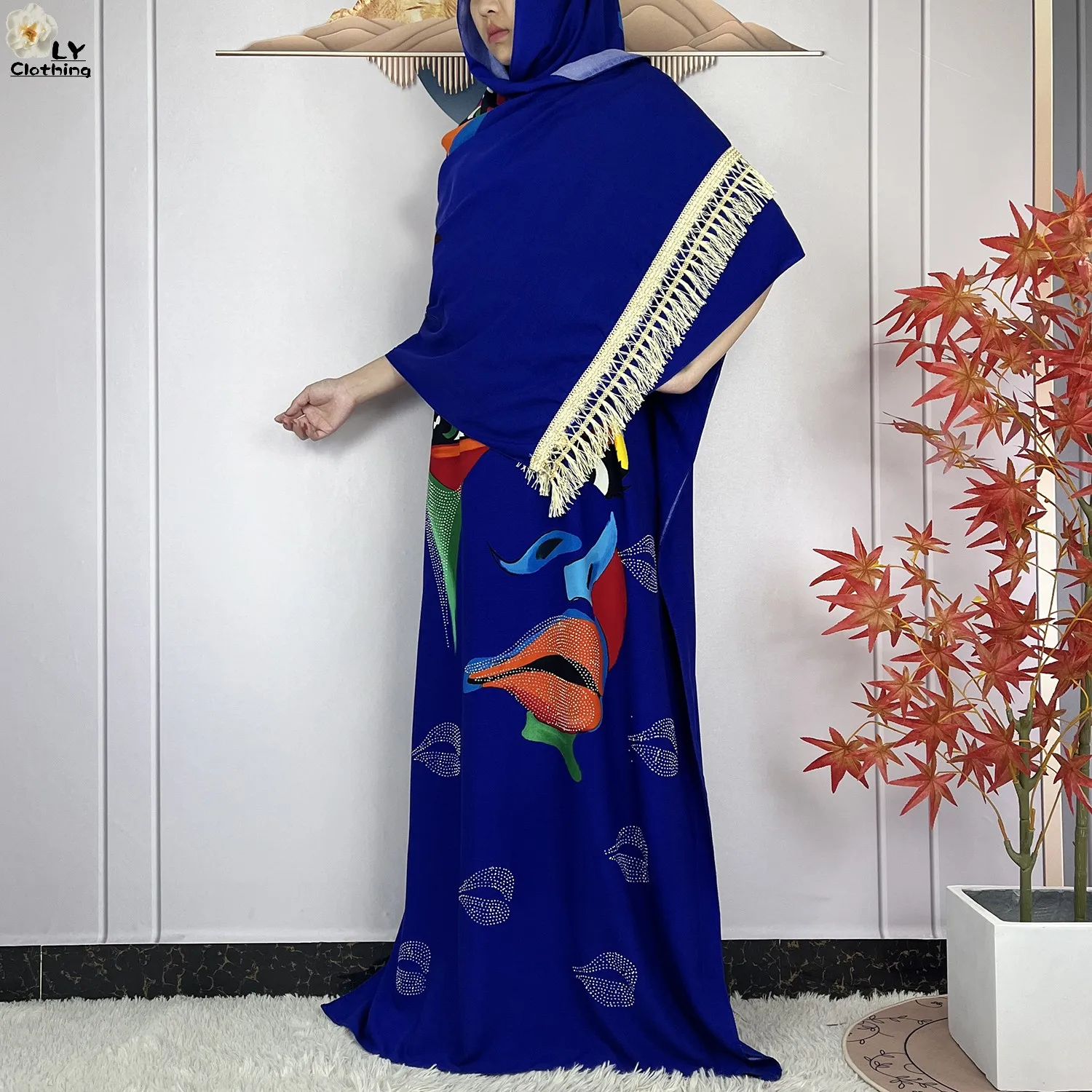 2024New Abaya Loose Short Sleeve African Dashiki Pattern Printing Soft Cotton Woman Elegant Maxi Islam Lady Dress With Big Scarf