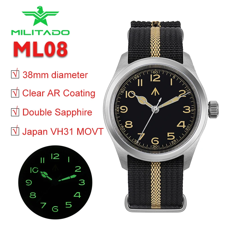 Militado Orologio al quarzo militare ML08 Doppio cristallo di zaffiro C3 Super luminoso VH31 10Bar Impermeabile 38mm Orologio omaggio vintage