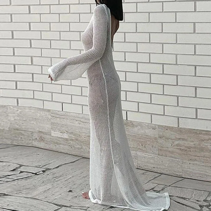 JINIA New Style Gestricktes, rückenfreies Langarmkleid für Damen, Strandurlaub, Bikini, Vertuschung, durchsichtiges Strandkleid, Sonnenschutzkleid