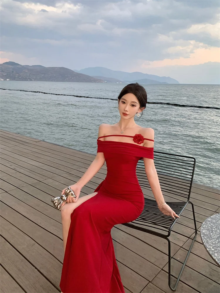فستان مثير للحفلات على شاطئ البحر بدون حمالات على شكل زهرة للنساء أنيق بخصر نحيف وفتحة مكشوفة الأكتاف فستان أنيق برقبة مائلة باللون الأحمر #4