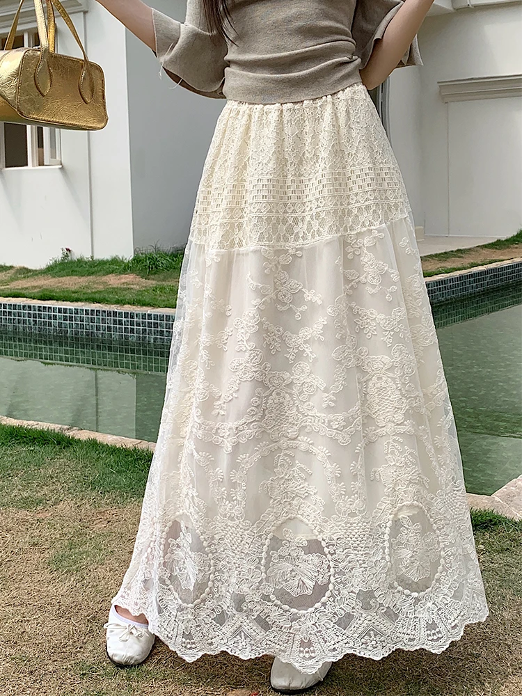 여성용 엘레 하이웨이스트 A라인 스커트 자수 레이스 미디 스커트 다용도 화이트 여름 봄 패션 2025