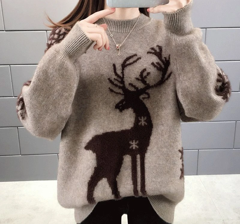 

2025 Autumn/winter New Cartoon Casual Knitting Sweater Commuter Elegant Solid Color Thick Warm Chic O Collar Pullover