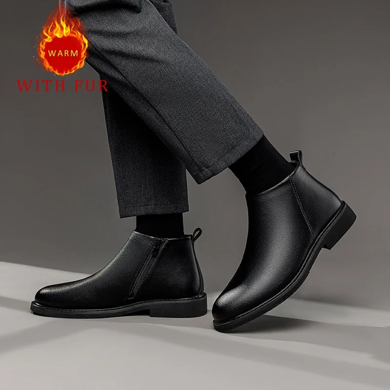 

Men's autumn and winter short boots Gentleman Business Minimalist Style office work Outdoor Black quality shoes Warm New
