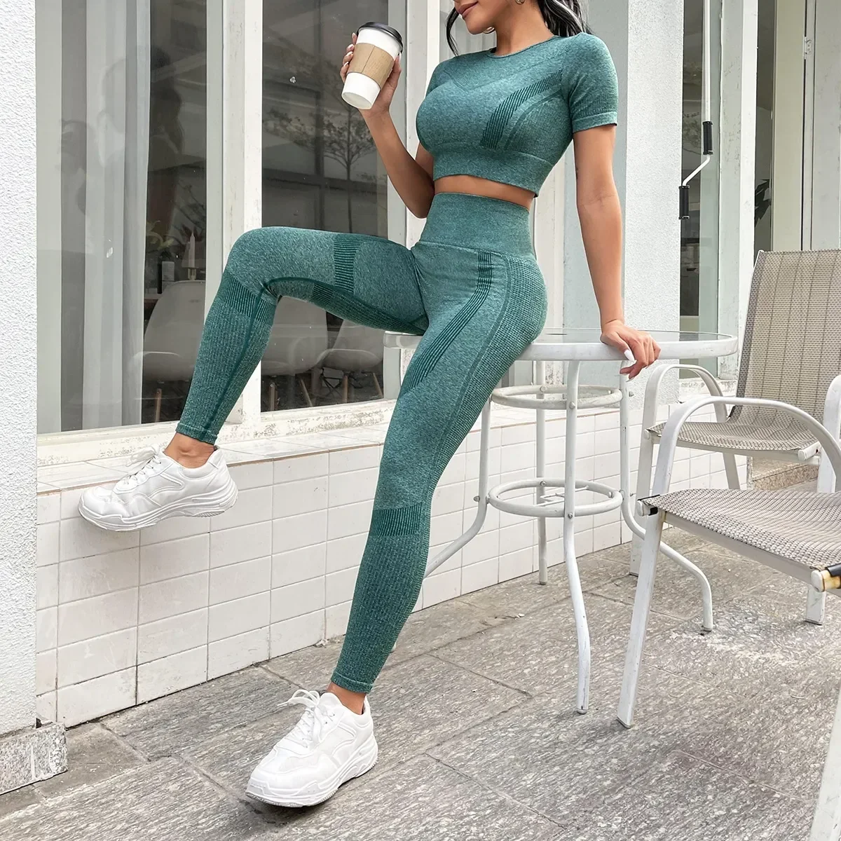 2-piece Set,Short-sleeved Top And High-waisted Tummy Control Long Pants Sportswear,Suitable For Outdoor Sport,Women's Sportswear