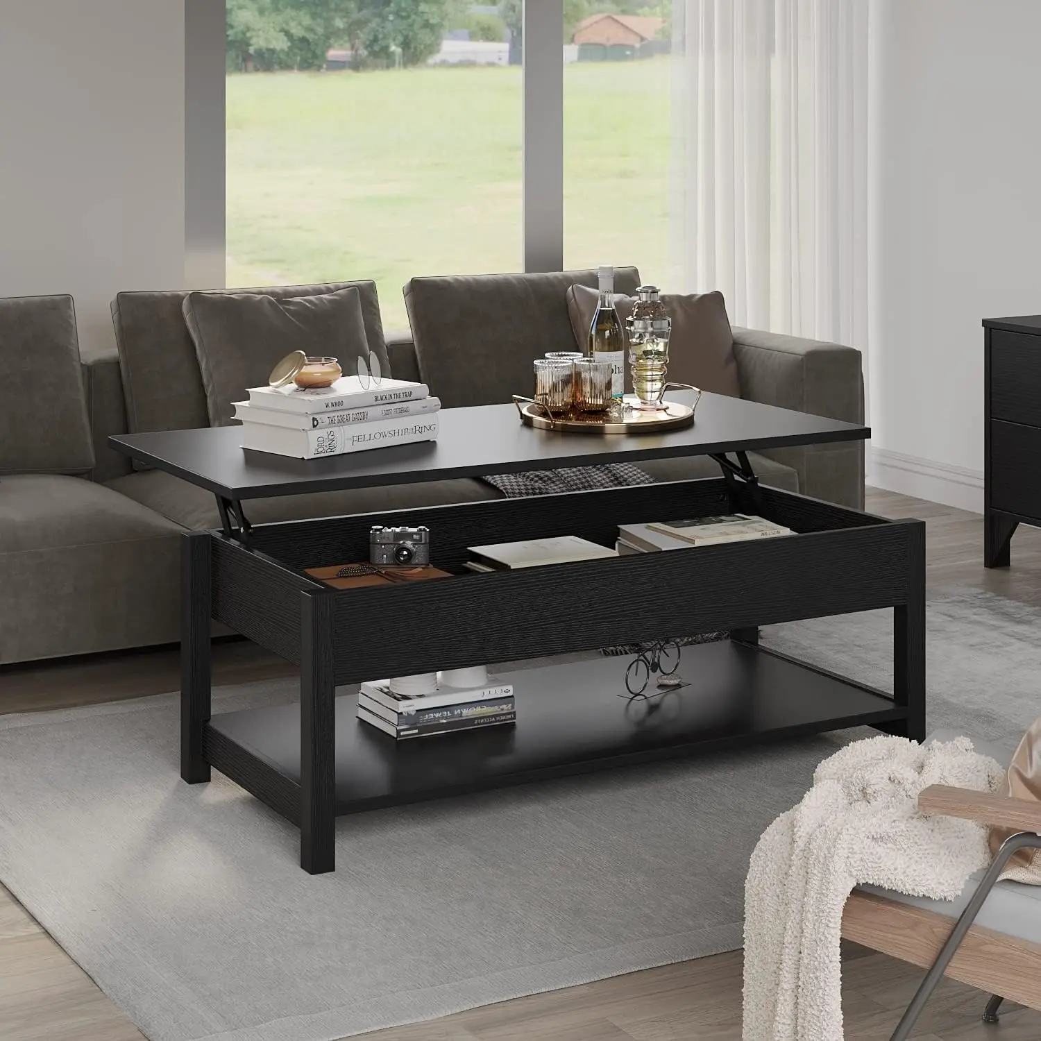 Coffee Table with Hidden Compartment and Open Shelf, Lift Tabletop Pop-Up Tea Table for Living Room, 45.28" L, Black