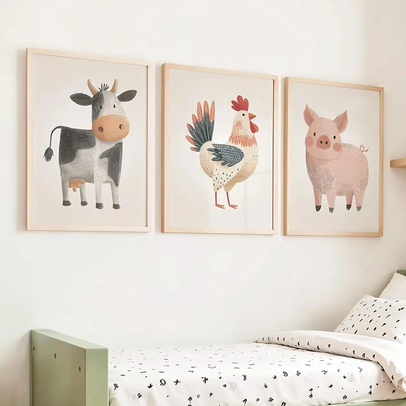 Cute Farm Animals Cow Pig Chicken Sheep Goose Wall Art Canvas Painting Nursery Posters Prints Picture Baby Kids Room Home Decor
