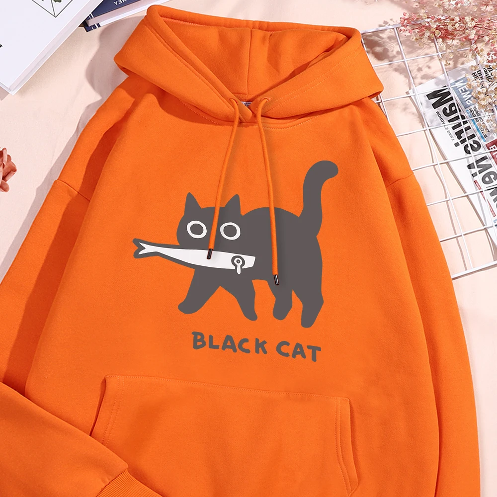 Fun A Black Cat Eating Fish Hoody Men Women Harajuku Fashion Sweatshirt Loose Oversized Streetwear Fleece Warm Couple Hoodies