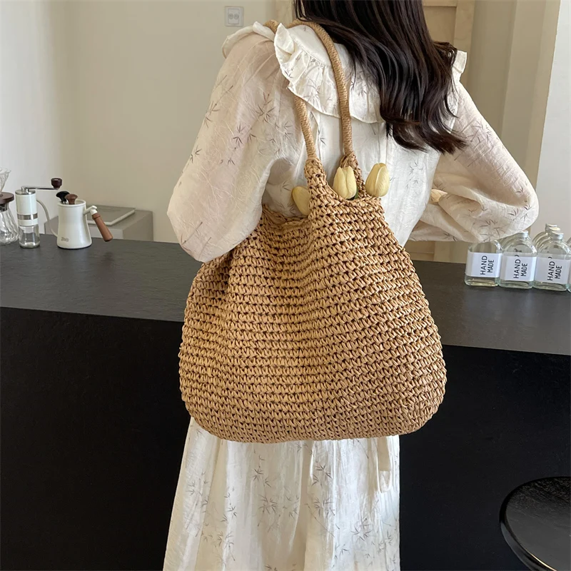 Large Straw Underarm Bags For Women 2024 Simple Korean Fashion Summer Shoulder Bags Lady Travel Handbags Females Weave Beach Bag